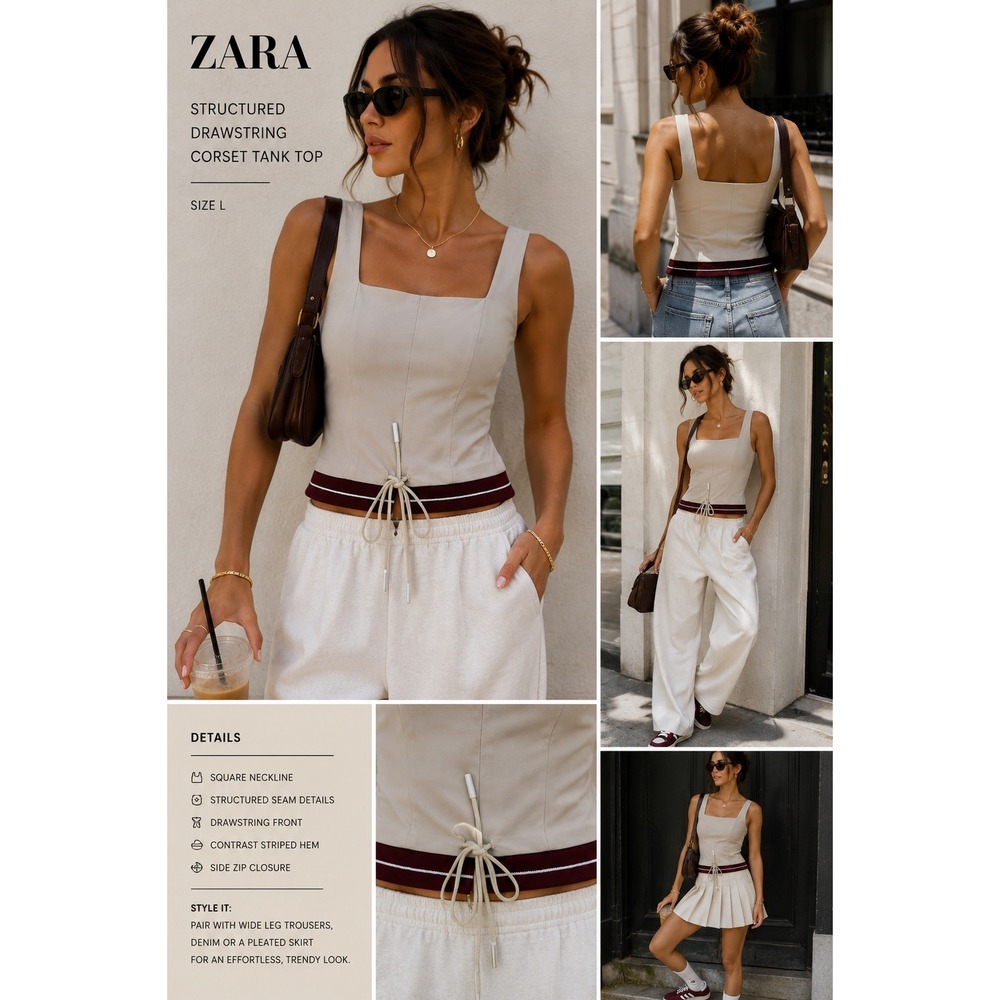 Zara Corset Tank Top L Beige Taupe Square Neck Balletcore Tenniscore Y2K